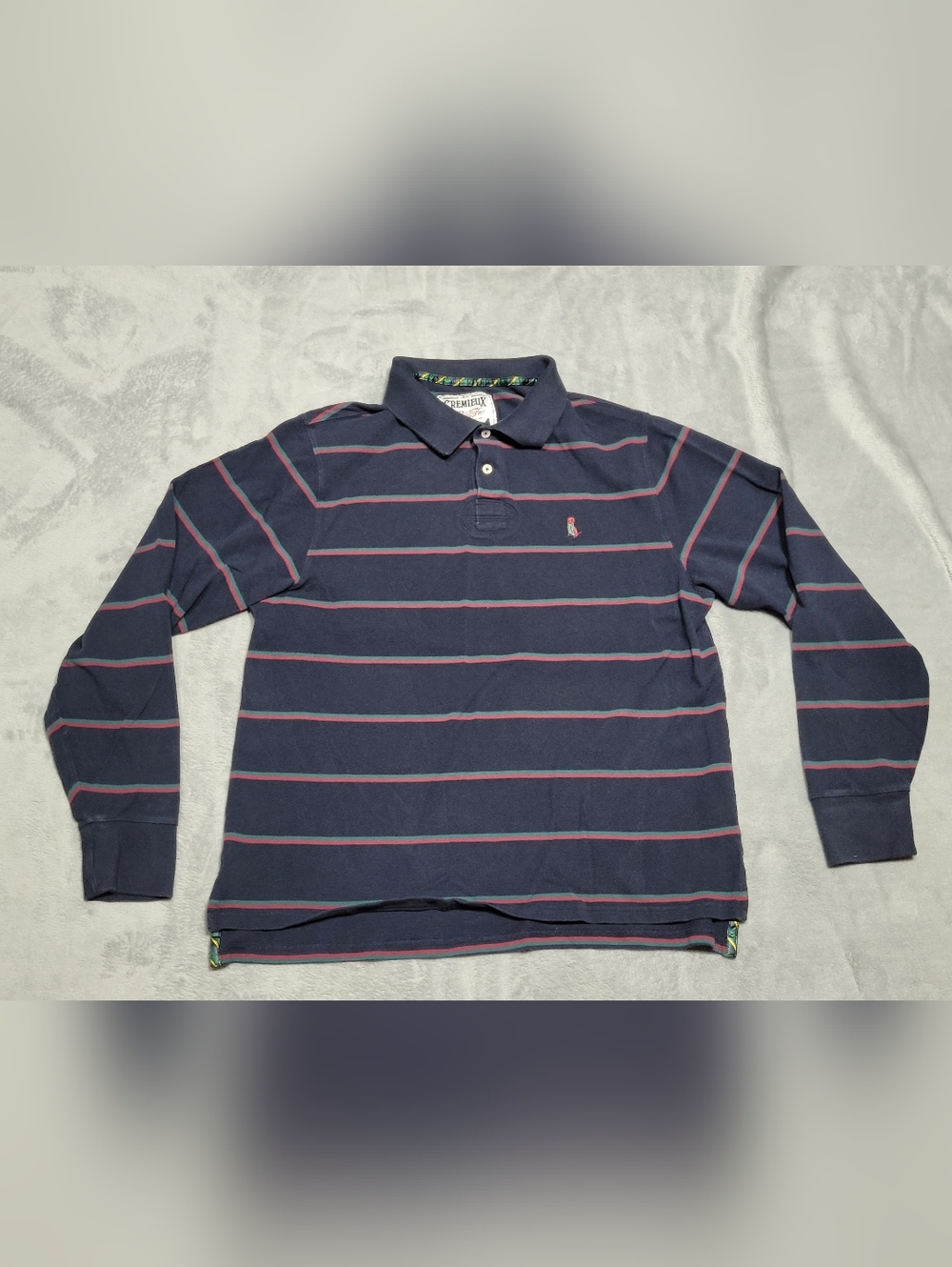 Cremieux Premium Denim Long Sleeve Rugby Style Mens Striped Polo Shirt Sz XL